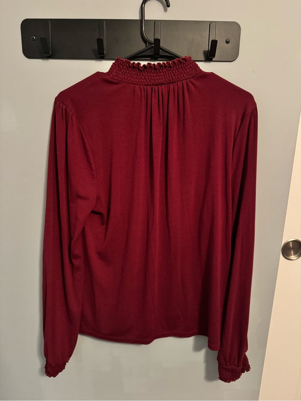 J. Crew Burgundy Long-Sleeve Smocked Mock Neck Top